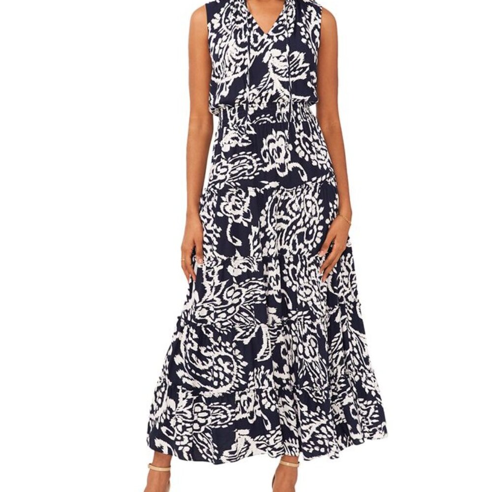MSK Women's Sleeveless Printed Smocked-Waist Tiered Maxi Dress Navy White L